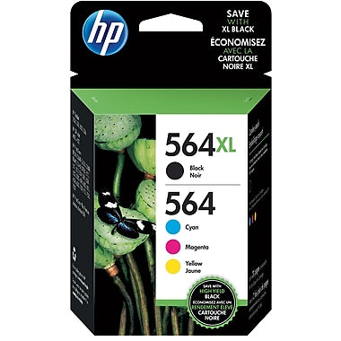 HP 564 XL & 564 Yellow/Cyan/Magenta, Black Ink Cartridges, 4-pack (N9H60FN)